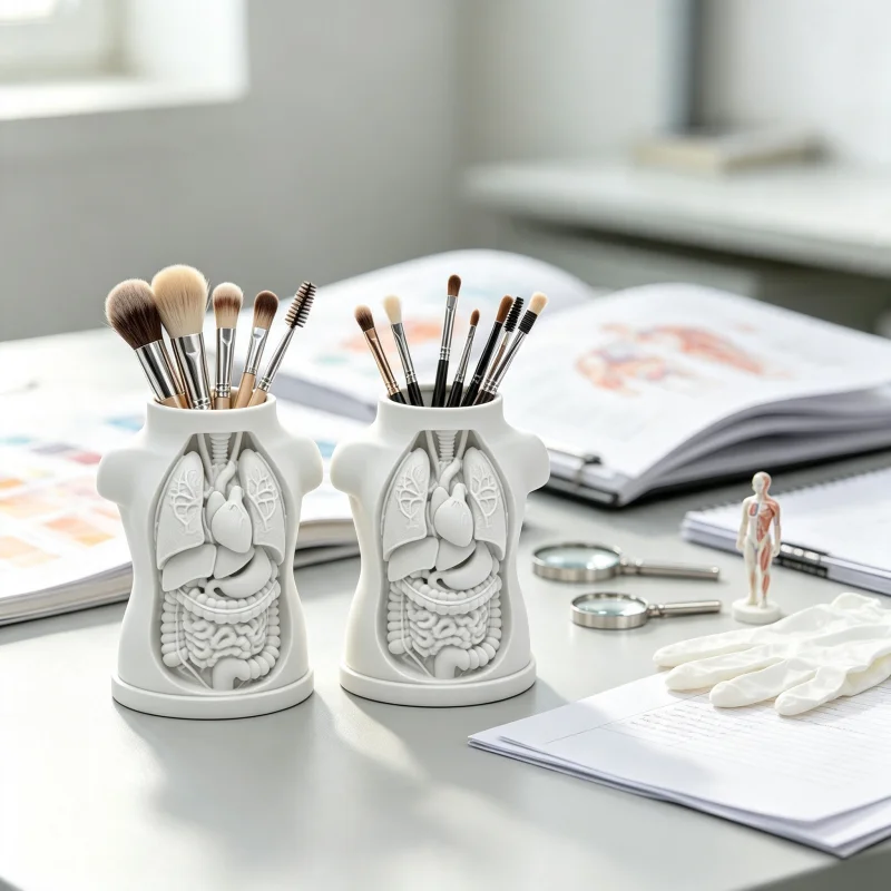 2-Piece Set of Human Anatomy-Style Makeup Brush Holders, 3D Printed Realistic Chest and Abdominal Organ Relief Details, Matte White High-Quality Texture Dressing Table Display Piece, Also Functions as Stationery Storage and Pen Holder, Modern Art Style Desktop Decoration, Dark Gothic Atmosphere Room Decor, Exclusive Gift for Makeup Enthusiasts and Medical Students, Popular Trendy Storage Item, Sturdy and Durable with Non-Slip Base, Dressing Table Transformation Tool