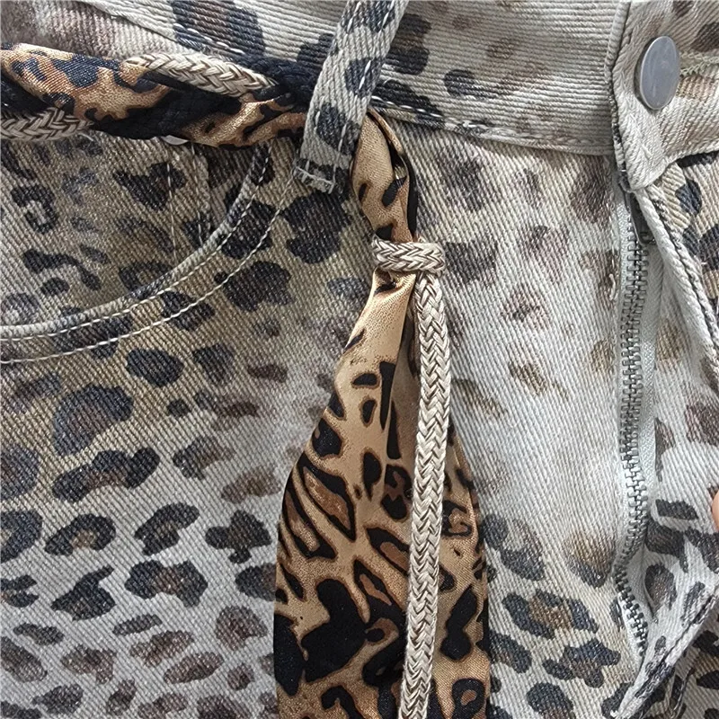 ANJY خريف جديد جينز نسائي مغسول عتيق متدرج بطبعة الفهد ملابس الشارع الشهير الهيب هوب Y2K سروال دينم عصري A11295