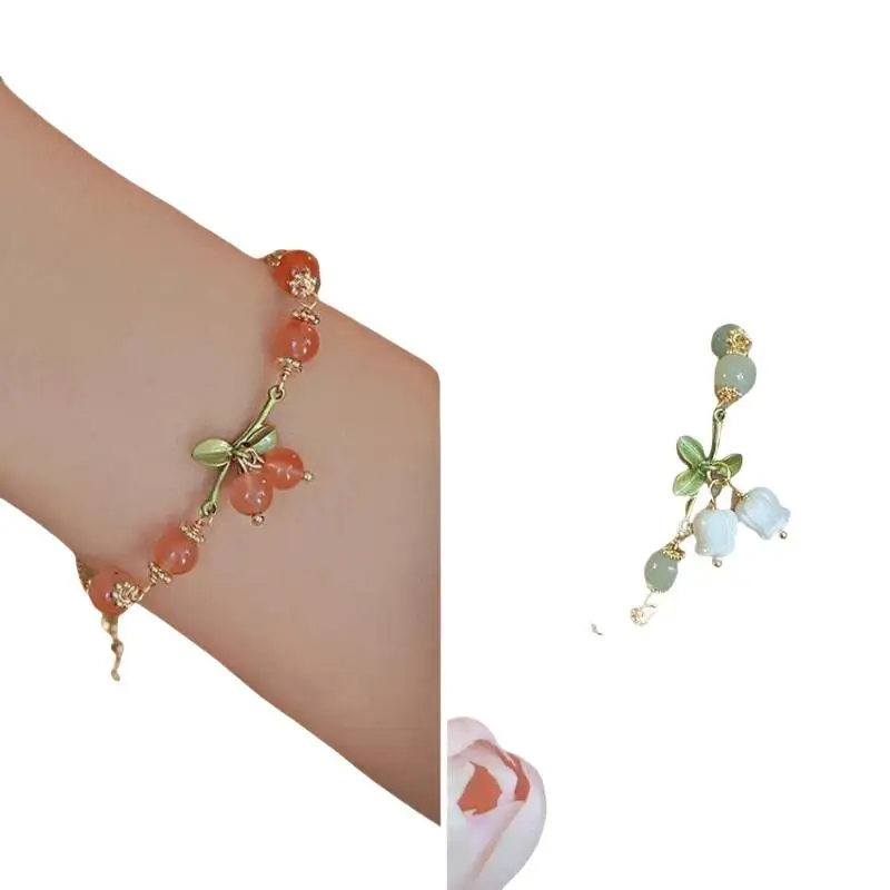 Fashion Red Flower Beaded Bracelet For Women Vintage Elegant Crystal Shell Flower Charm Bracelet Jewelry Party Gift
