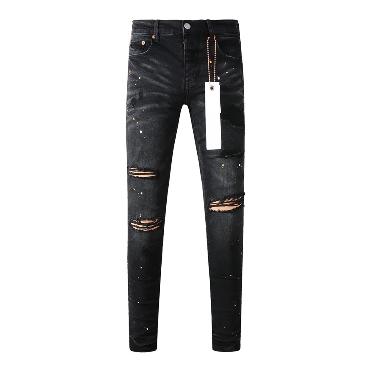 Fashion American brand Purple Jeans Men High Street Black Paint Hole Repair Low Rise Skinny Denim Pants 9045