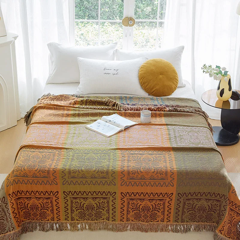 Bohemian Blanket Cotton Bed Blankets Throw Tassel 4 Layer Cotton Linen Sofa Cover Summer Air Condition Quilt Queen Bed Bedspread