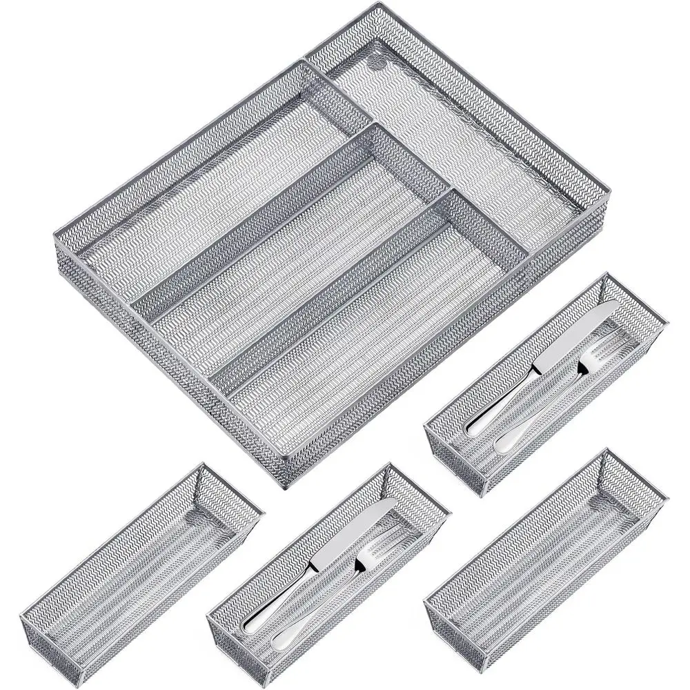 

5-Piece Silverware Organizer Set - 4-Section Cutlery Tray with 4 Utensil Holders, Silver Mesh Kitchen Drawer Organizer for Flatw