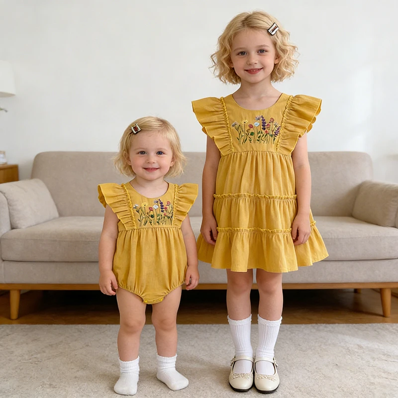 2026 Neues Sommer-Partykleid für Mädchen 2-6 Jahre, 0-24 Monate Baby-Baumwoll-Strampler, ärmelloses Prinzessinnen-Blumenkleid für Kinder, Schwesterkleidung