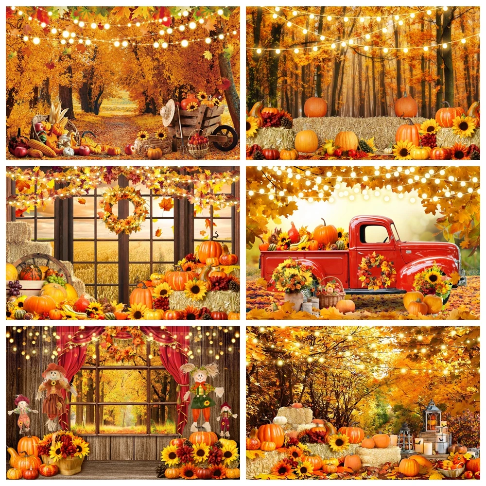 Autumn Scenery Backdrop Photography Fall Farm Barn Haystack Maple Pumpkin Truck Thanksgiving Baby Portrait Photo Background Prop