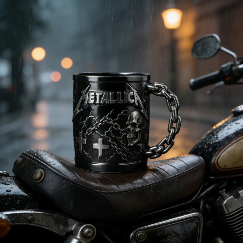 Tasse mit Totenkopf- und Ketten-Prägung – Heavy-Metal-inspirierte schwarze Keramiktasse, tolles Geschenk für Rockmusik-Fans