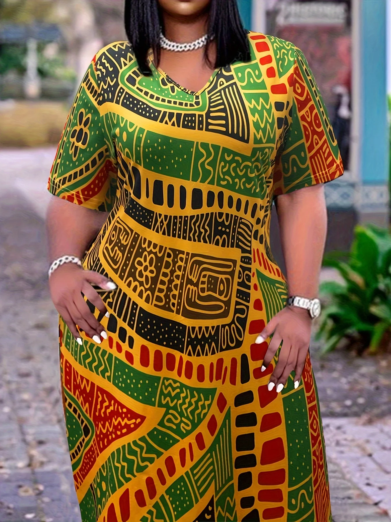 Vestido recto con cuello en V y estampado informal, vestido acampanado de manga larga a la moda para mujer, ropa informal de primavera y otoño