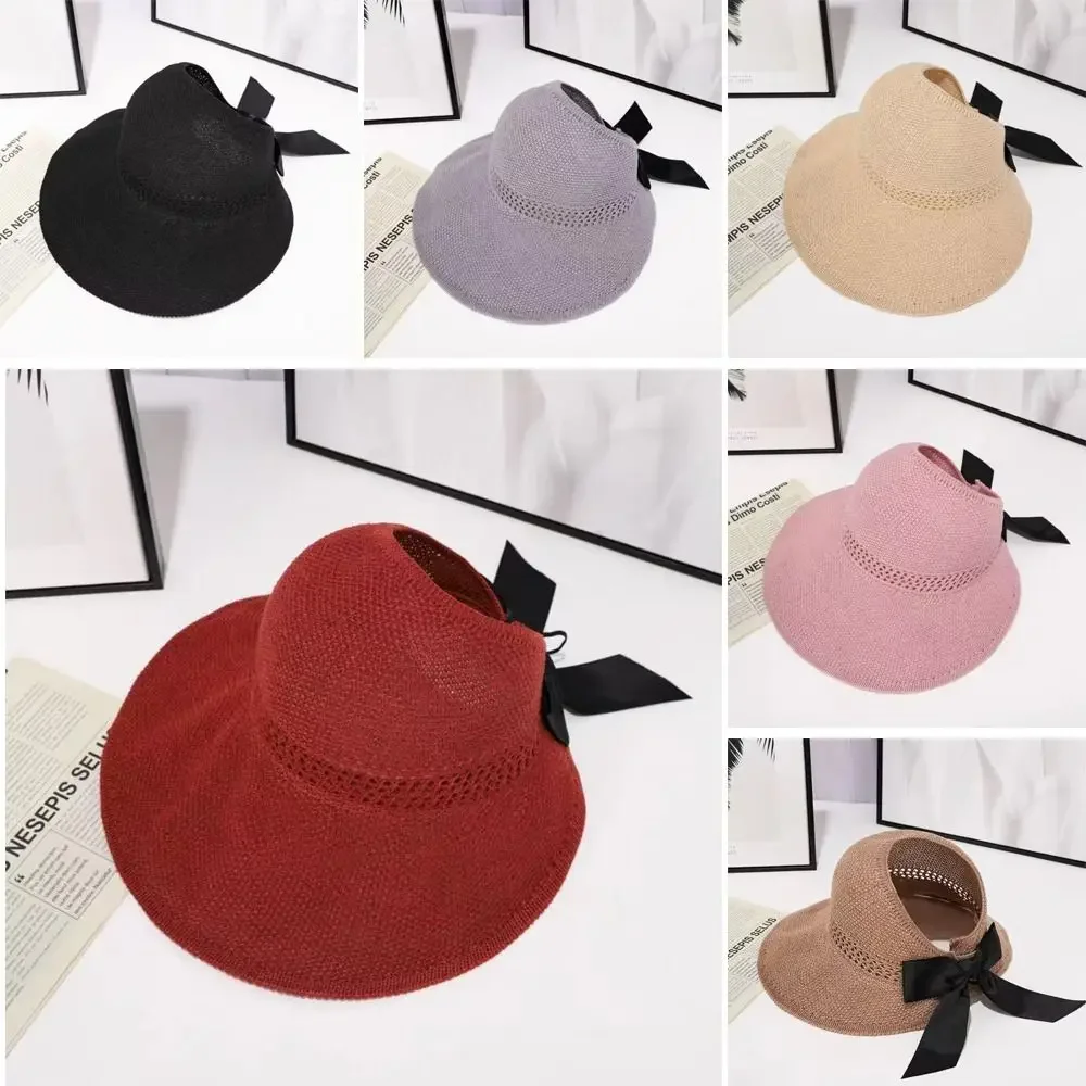 

Fashion Hollow Bow Sun Hat Summer Supply Wide Brim Women Ponytail Beach Cap UV Protection Crochet Women's Hat Caps