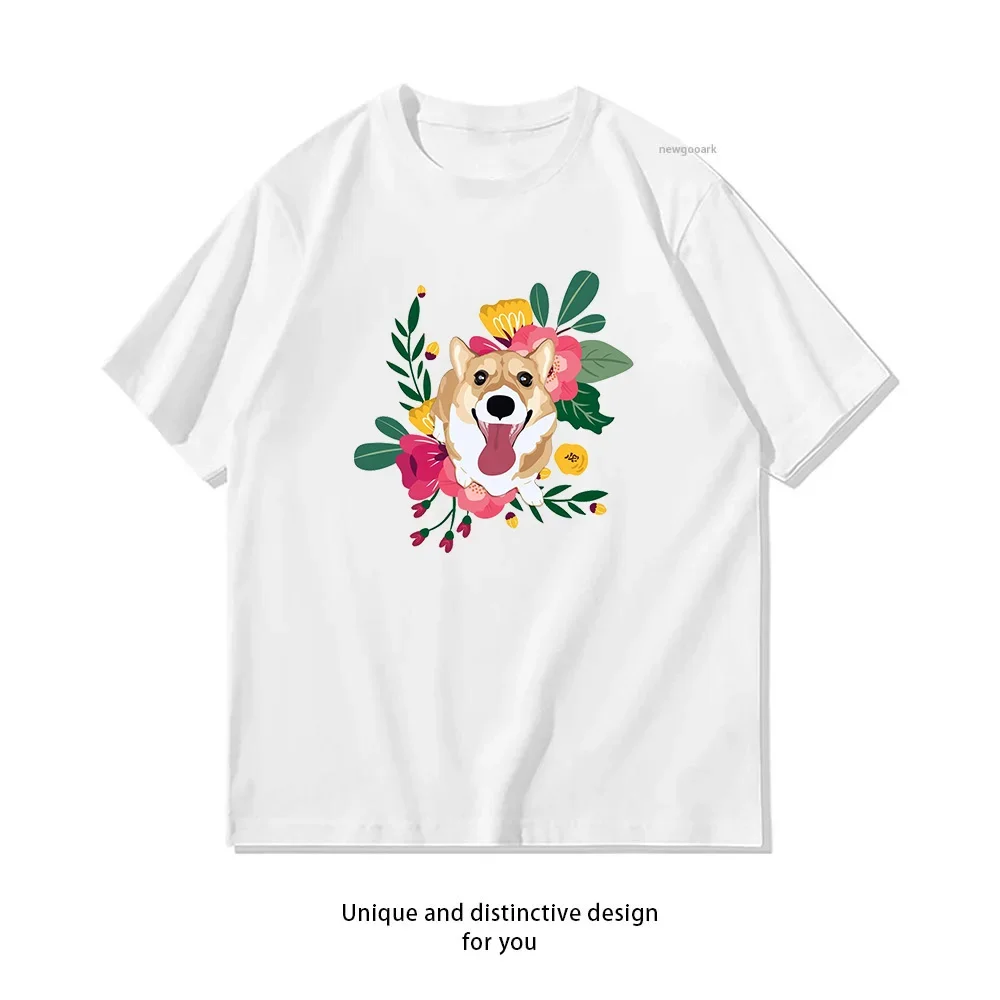 Happy Corgi Floral Shirt Woman Man Summer Cotton Graphic T Shirts Adult Streetwear Camisetas Tops Tee Breathable Casual