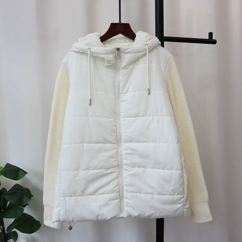 Women Knitted Parka Jackets Hooded Short Coats Casual Jackets White Long Sleeves Zipper Drawstring Hem Loose Elegant 2025 Winter