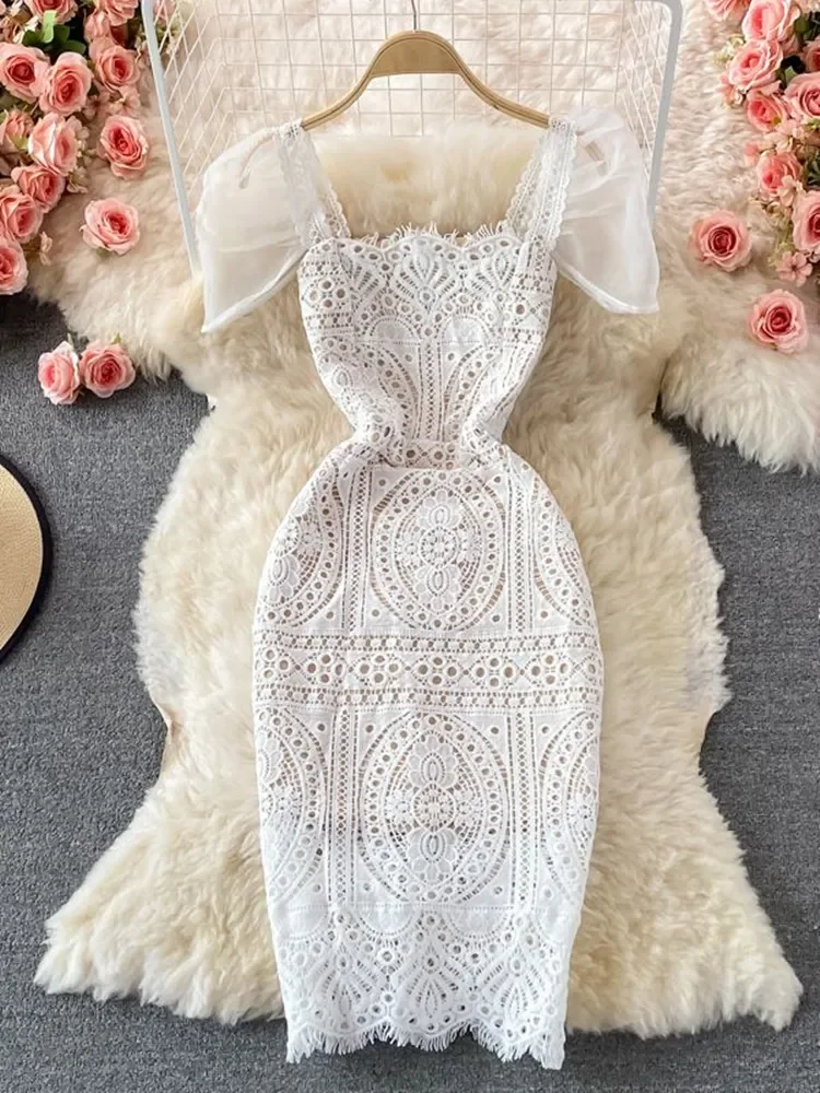 2023 Summer Runway Flower Hollow Out Lace Dress For Women's Square Collar Bubble Sleeve Elegant White Bodycon Mini Vestidos