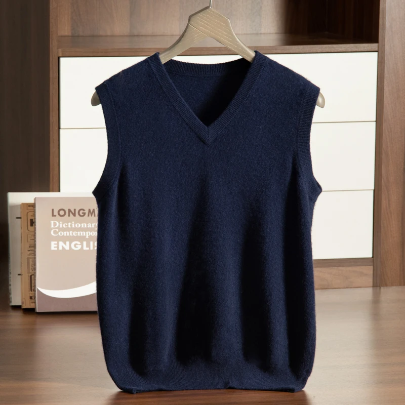 

MVLYFLRT 2024 New Men's 100% Cashmere Sweater V-neck Sleeveless Knitted Vest Solid Color Pullover Top MV-905