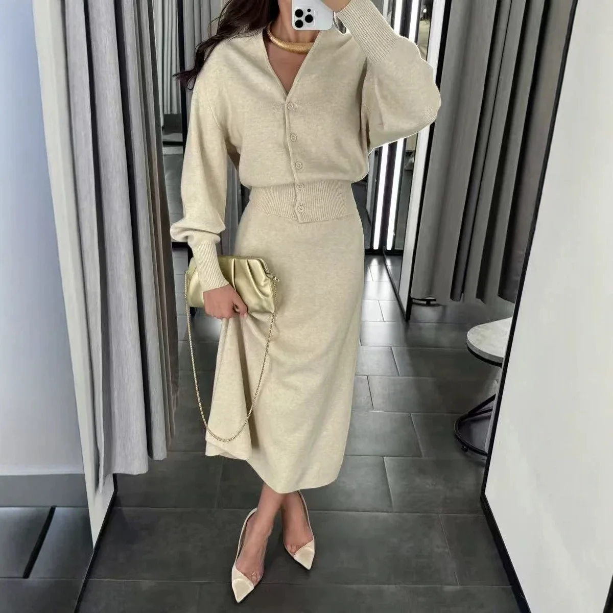 Female 2026 Autumn Fashion Solid Set Casual Knit Long Skirts Coats Sets Women Loose V Neck Single Breasted Long Sleeves Suits