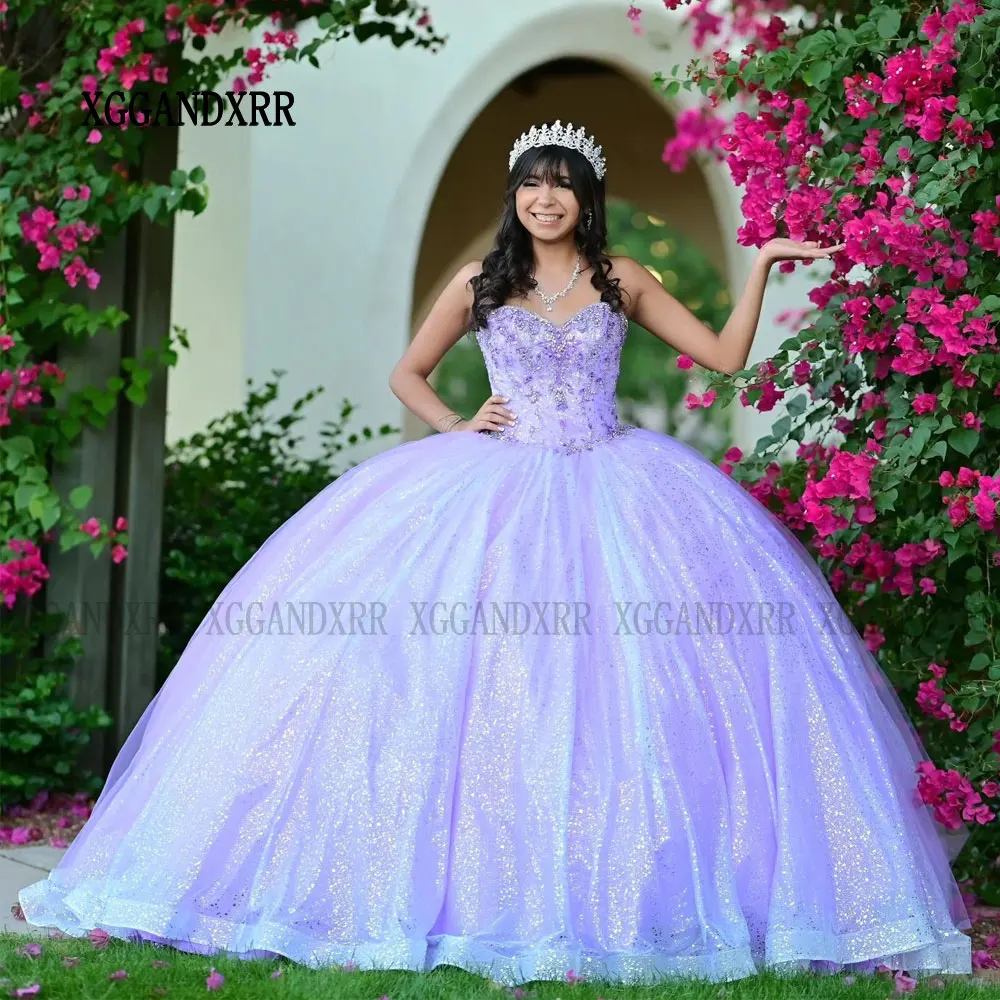 Vestido púrpura claro De Quinceañera XV, brillante, con cuentas, lentejuelas, para 15 Años, cumpleaños, dulce 16, 2024