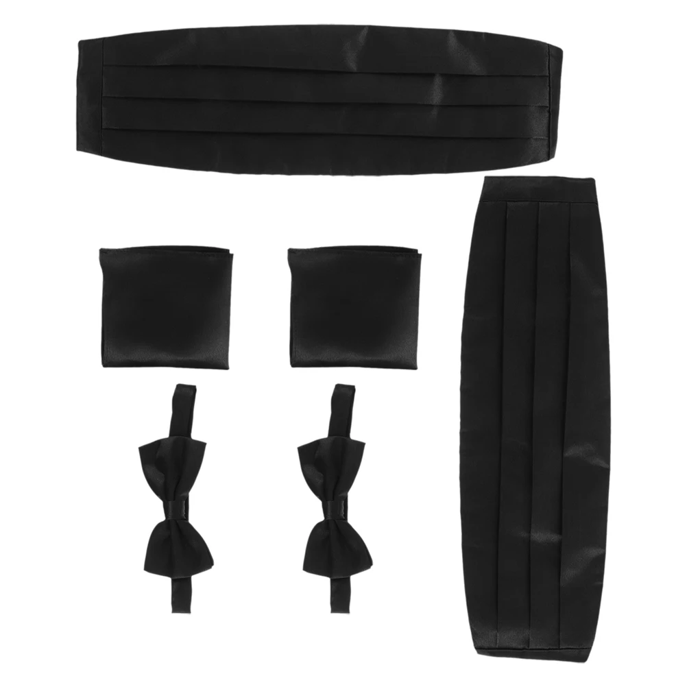

6Pcs Men Cummerbund Set Elegant Black Satin Bow Tie Pocket Handkerchief Formal Accessories Wedding Business Events