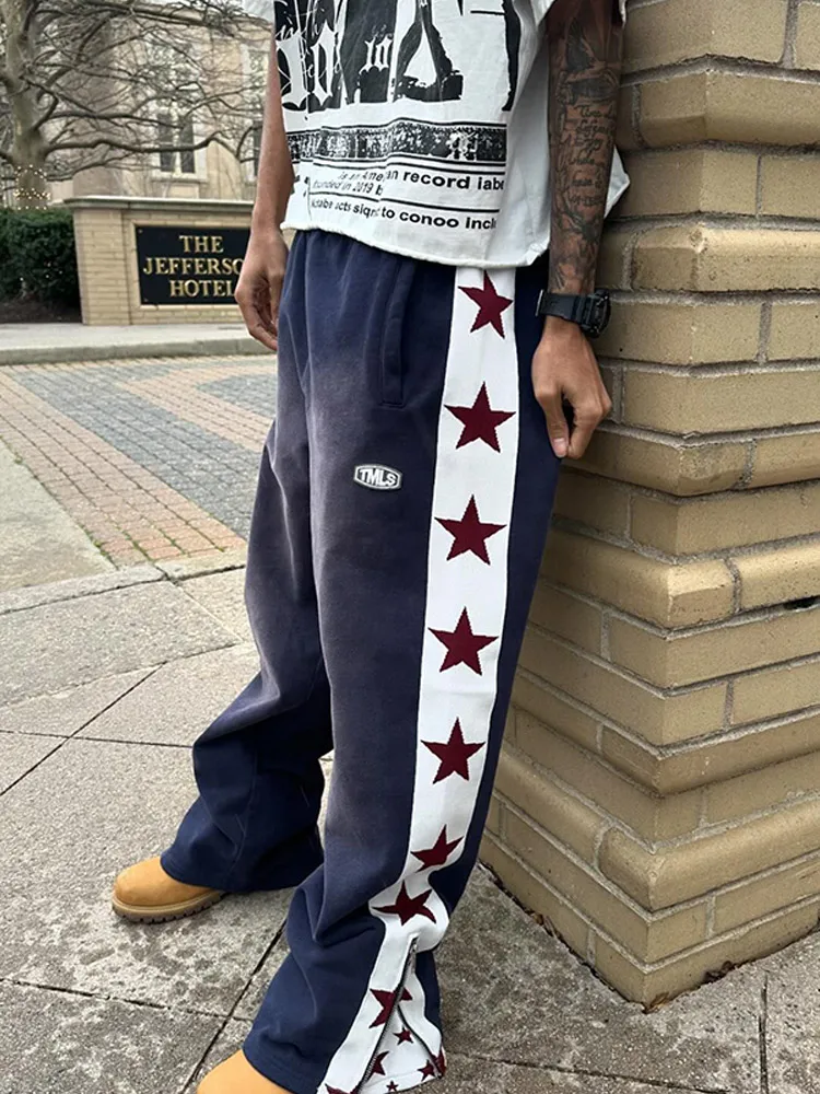 American Style Y2k Harajuku Retro Hip-hop Sports Pants Spring Autumn New Men's Star Print Zipper Splicing Loose Sweatpants