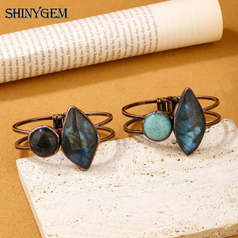 

SHINYGEM Natural Labradorite Combination Amazonite Handmade Welding Electroplated Bronze Colorbeautiful Jewelry Bracelet