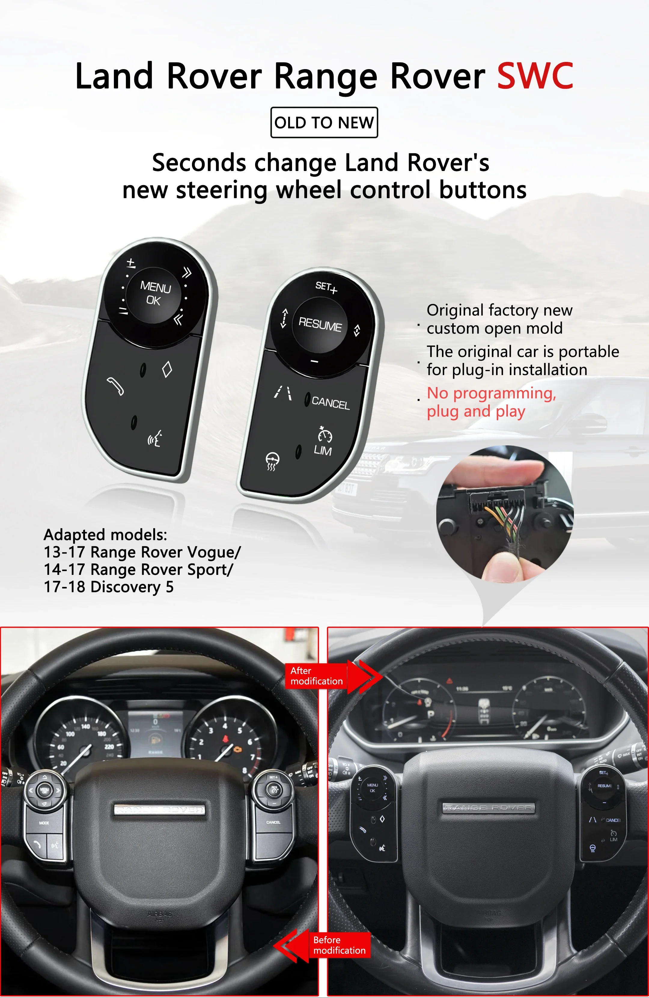 New LCD Steering Wheel Touch Buttons For Land Rover Range Rover Vogue L40513-17 Sport L494 14-17 Discovery 5 17-18 Control Keys