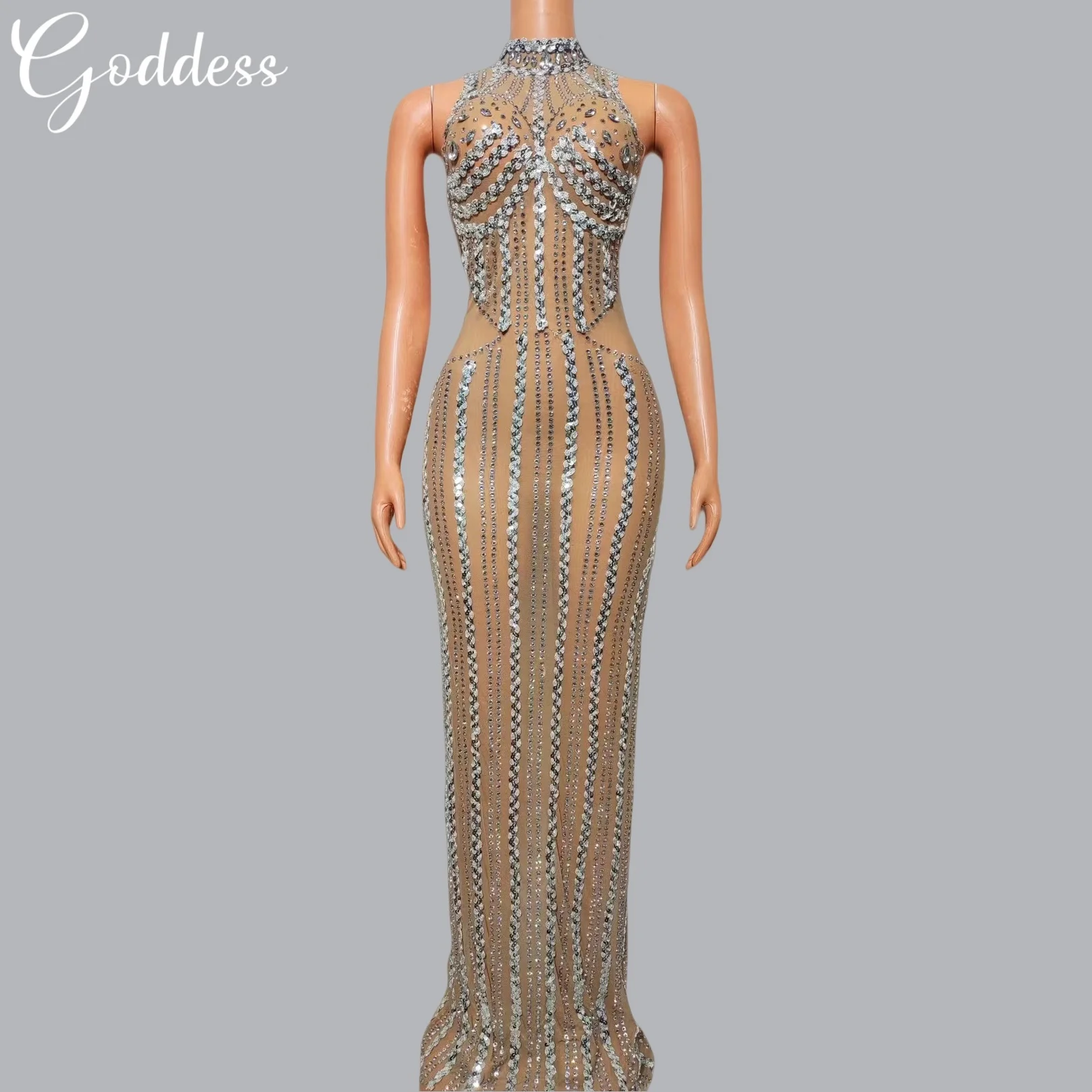 

Sexy Women Party Sleeveless Maxi Dress Wedding Banquet Floor Length Robe Sequins Rhinestone Nude Dress PUB Singer Evening Gown