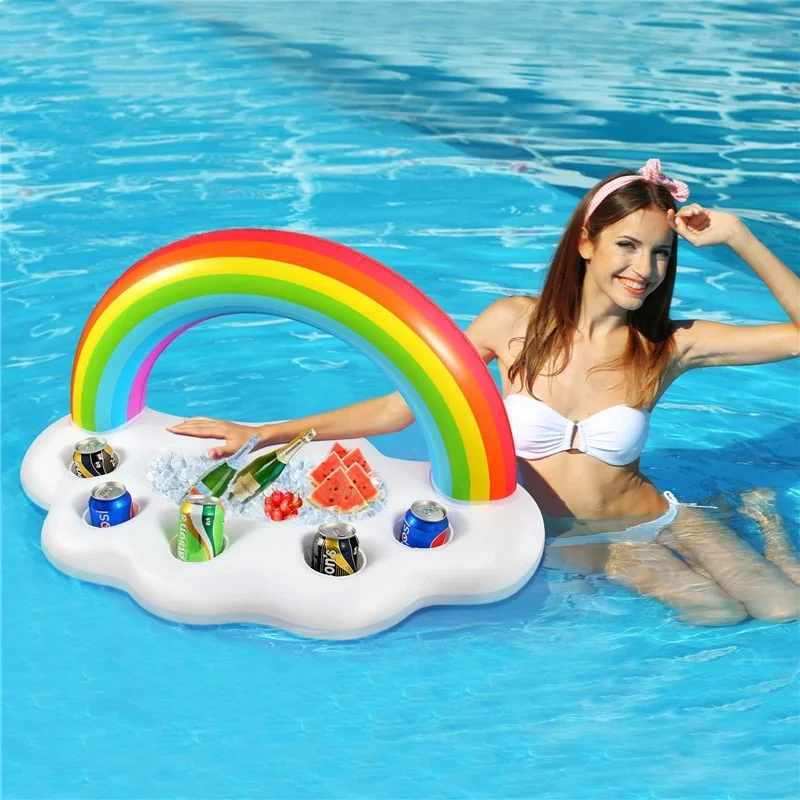 Summer Rainbow Inflatable Toys Beer Drinking Cooler Table Bar Tray Beach Swimming Pool Party Float Inflatable Ring Water Toy