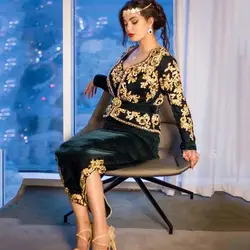 hunter green velvet Karakou Algerian Caftan Mermaid Evening Dresses Belt peplum arabic dubai Prom Gowns Gold Lace Party