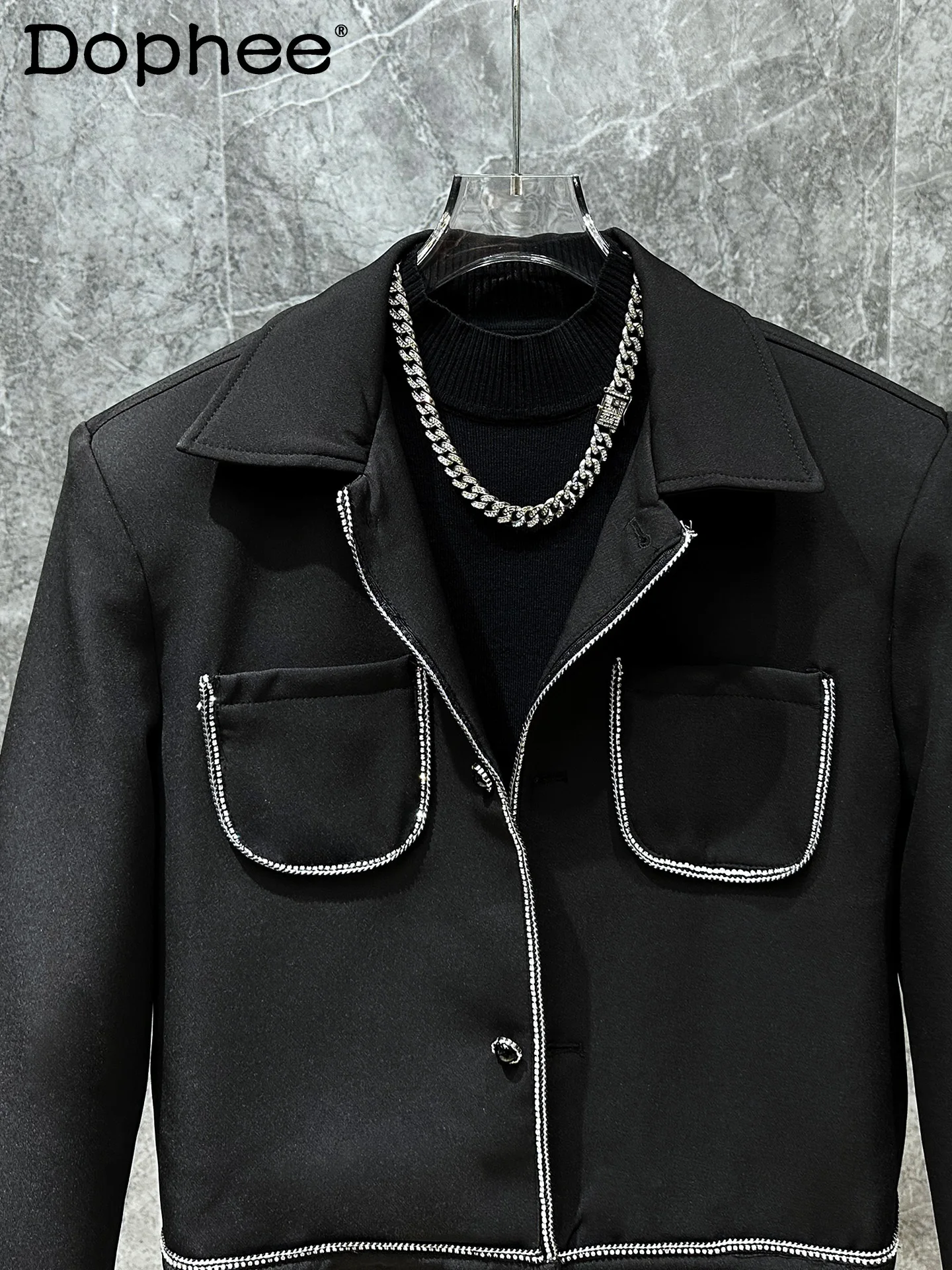 

Autumn Fashion Trend Korean Ins Heavy Embellished Short Jacket Handsome Youth Popular Turn-down Collar Zipper Coat for Men