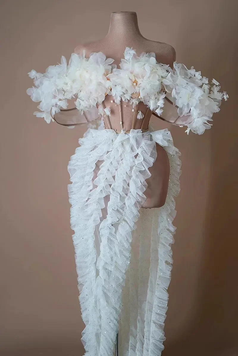 Sexy Ziende Door Lange Bloemen Asymmetrische Avondjurken Ruches Getrimd Split Formele Feestjurk Ruches Tutu Tule Maxi-Jurken