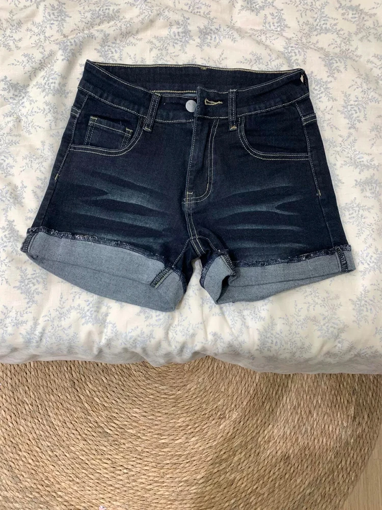 

Легкие летние джинсовые шорты с высокой талией и прямыми штанинами для женщин больших размеров, в ретро-американском стиле, с эффектом похудения, синие, эластичные