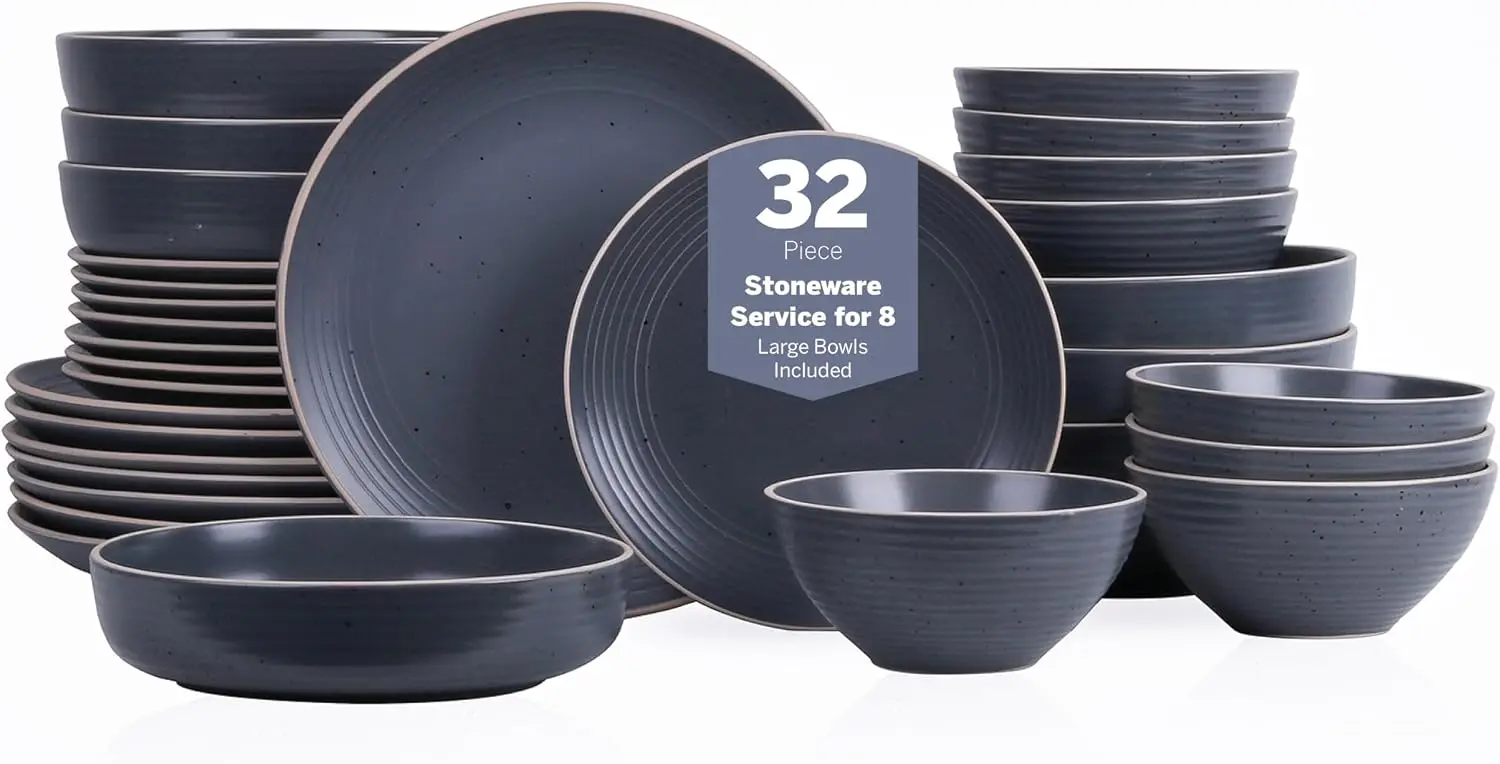 Rustic Stoneware Dinnerware Set, Plates and Bowls, Service for 8, Speckled Charcoal, 32-Piece, Dishwasher & Microwave Safe
