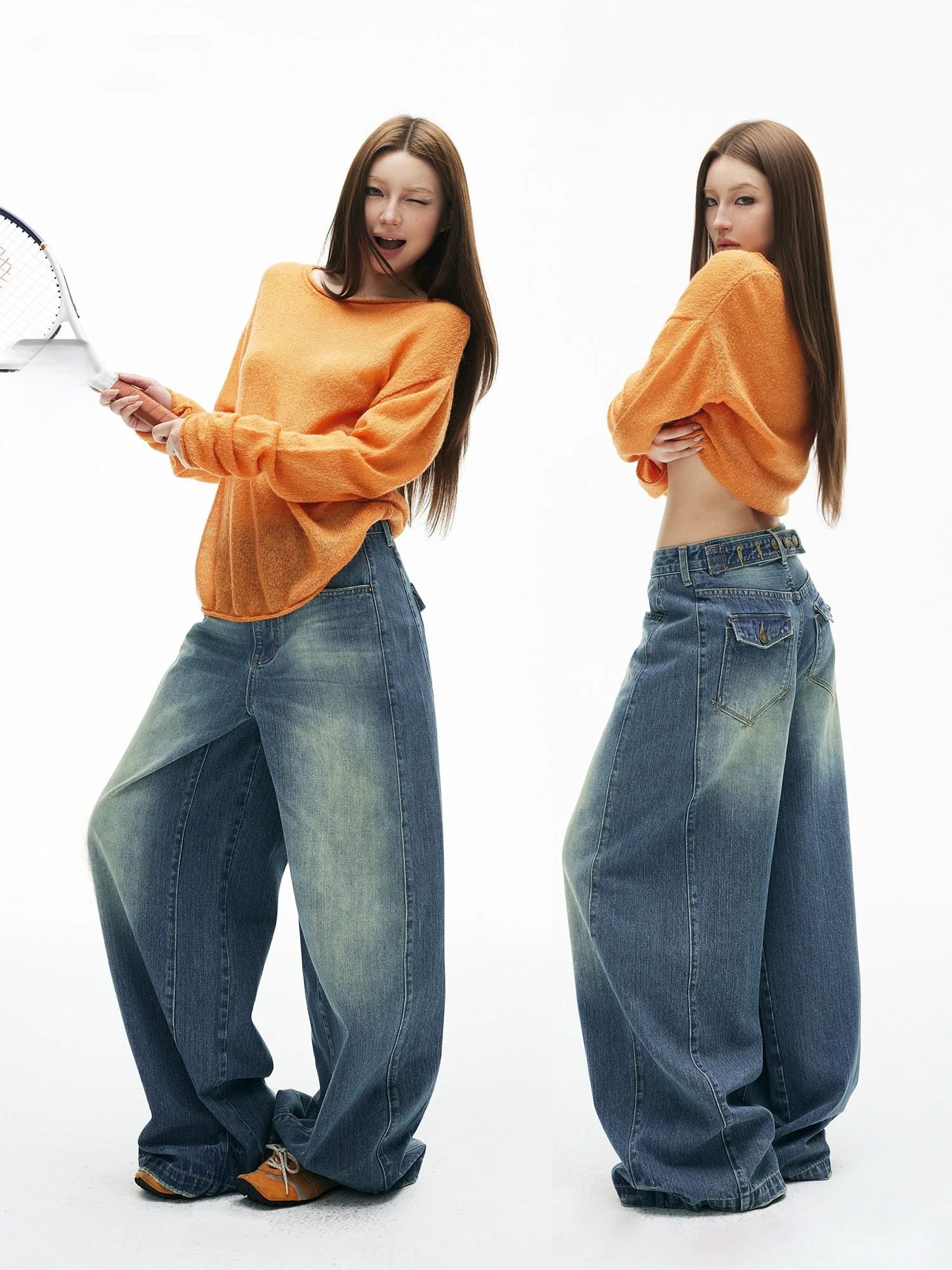 

Waed Blue Jeans Wide Leg Pants Adjustable Waist Bule Loose Fit Casual Low Waist Zipper Closure Color All Season Lad...