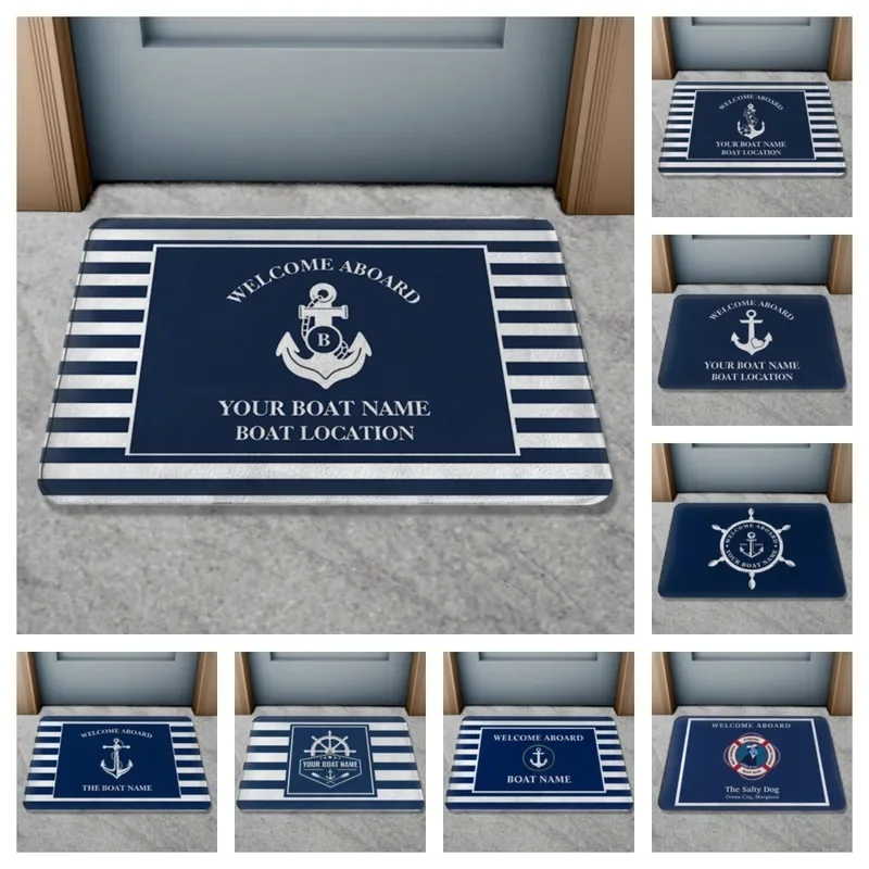 VIKAMA Nautical Anchor Striped Customizable Doormat Welcome Aboard Anti-slip Water Absorbent Yacht Entrance Decor Floor Rug
