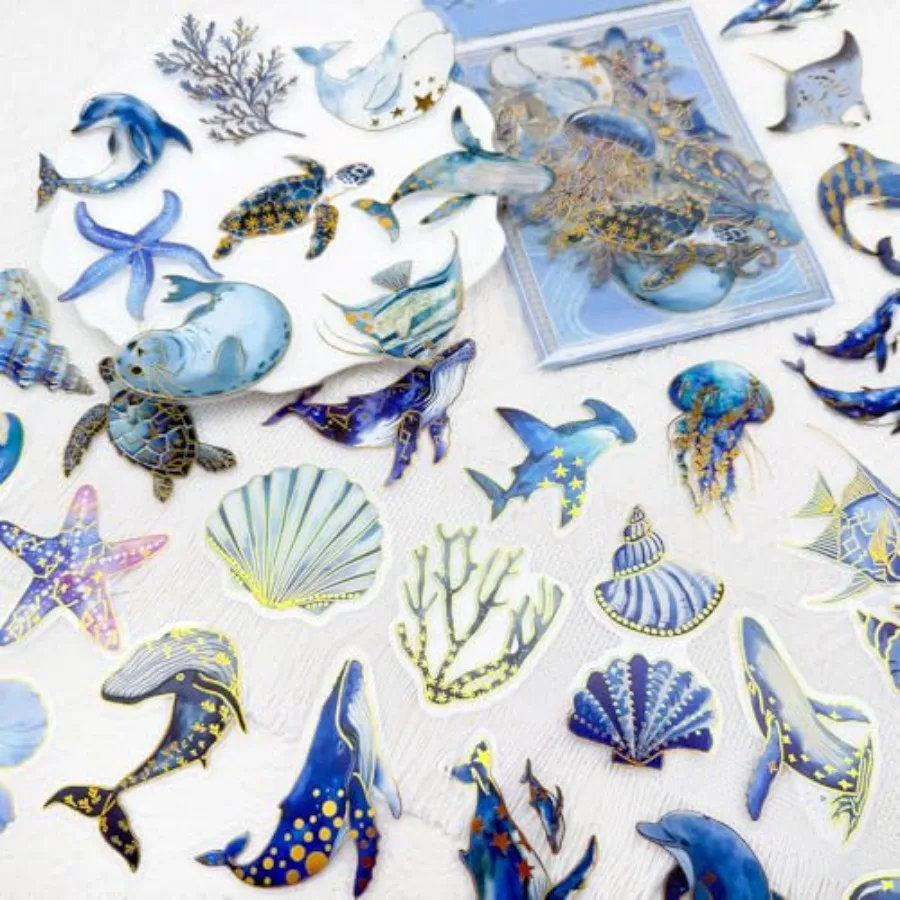 

50PCS Glitter Gold Foil Marine Sea Animal Stickers PET Transparent Waterproof Ocean Jellyfish Decals for Scrapbook Journal Stat