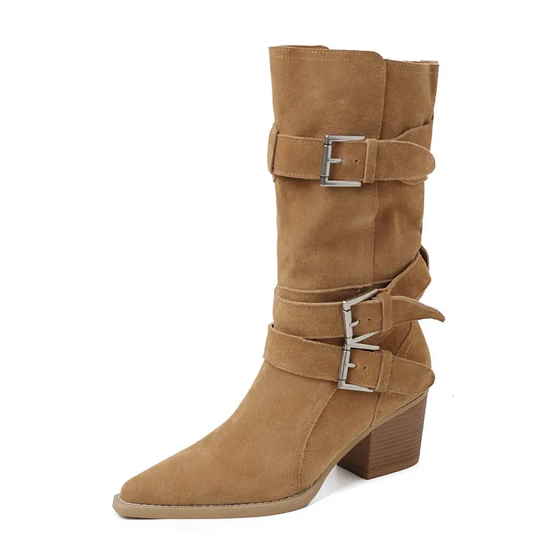 2025 Botas occidentales para mujer, botas de ante vacuno a media pantorrilla con punta en pico, zapatos de otoño para exteriores