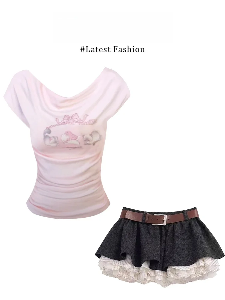 

Parkyeon Sweet Style Short Sleeve T-Shirt And Grey Skirt Set Summer Casual Loose Fit Women's Fashion Outfit Parkyeon Brand