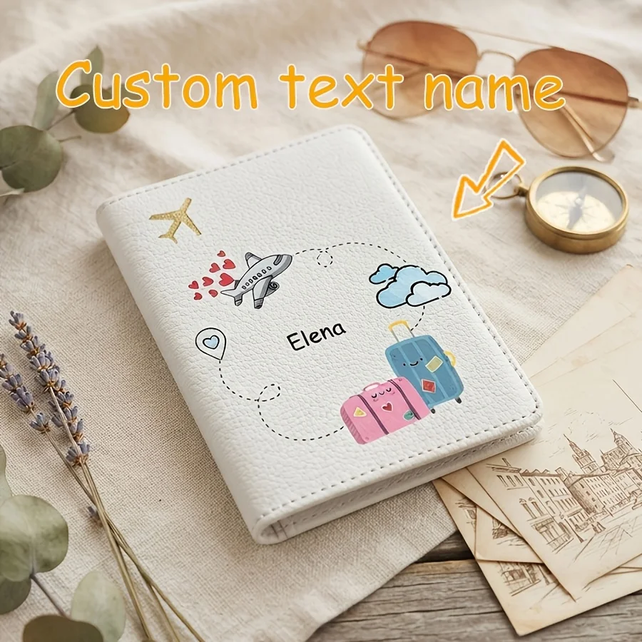 Custom Text Name Passport Holder - Cute Cartoon Travel-Themed Illustrated ID Case with Lightweight Open-Closure Design