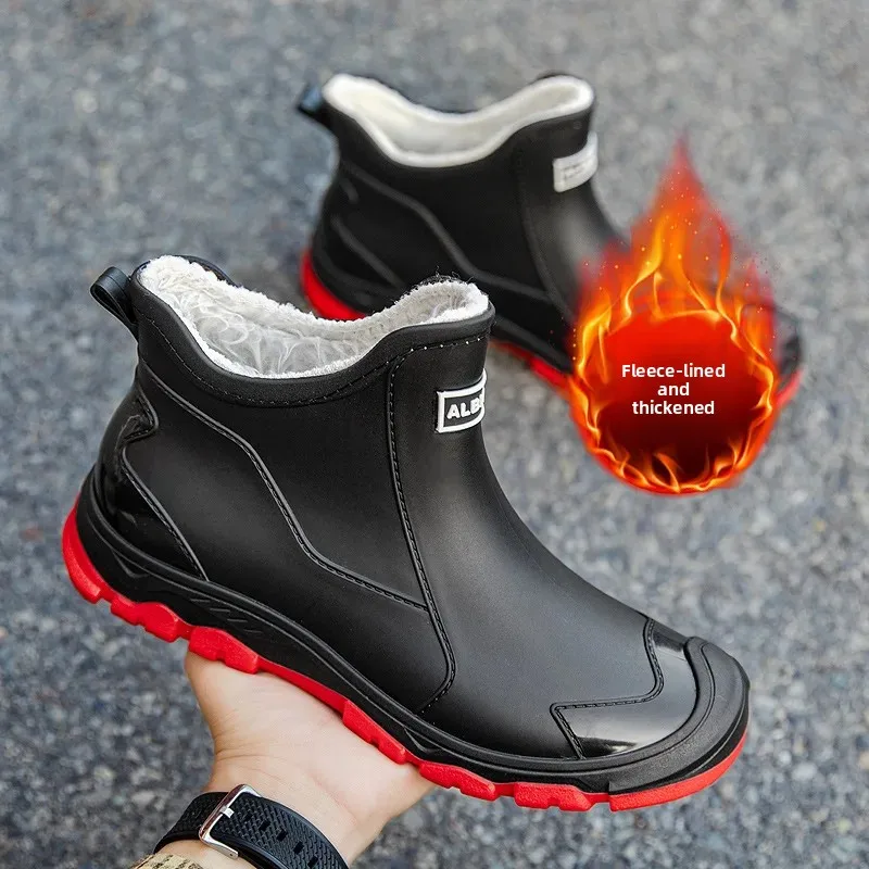 Winter Warm Plus Velvet Men's Rain Boots 39-48 Extra Large Black Water Shoes Mountain Style Men's Rubber Shoes Fishing Boots New