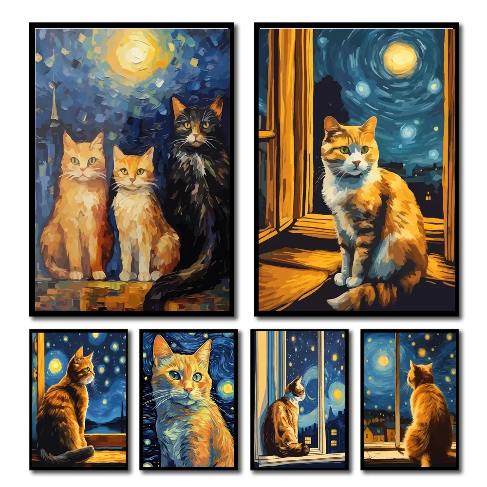 1pc frameless Canvas Painting Vintage Orange Cat Black Cat Golden Retriever Look Moonlight Abstract Picture Canvas Print Art Pos