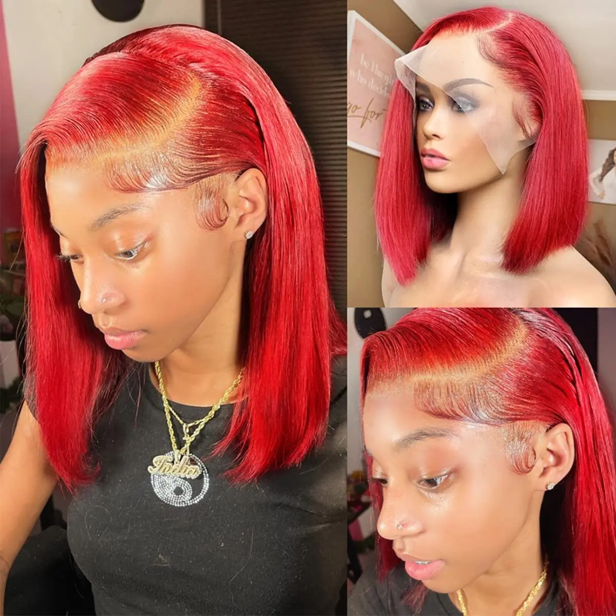 Straight Red Bob 13x1 Lace Front Wig 150% Density Glueless Colored Remy Pre Plucked Hairline T Part Human Hair Short Bob Wig