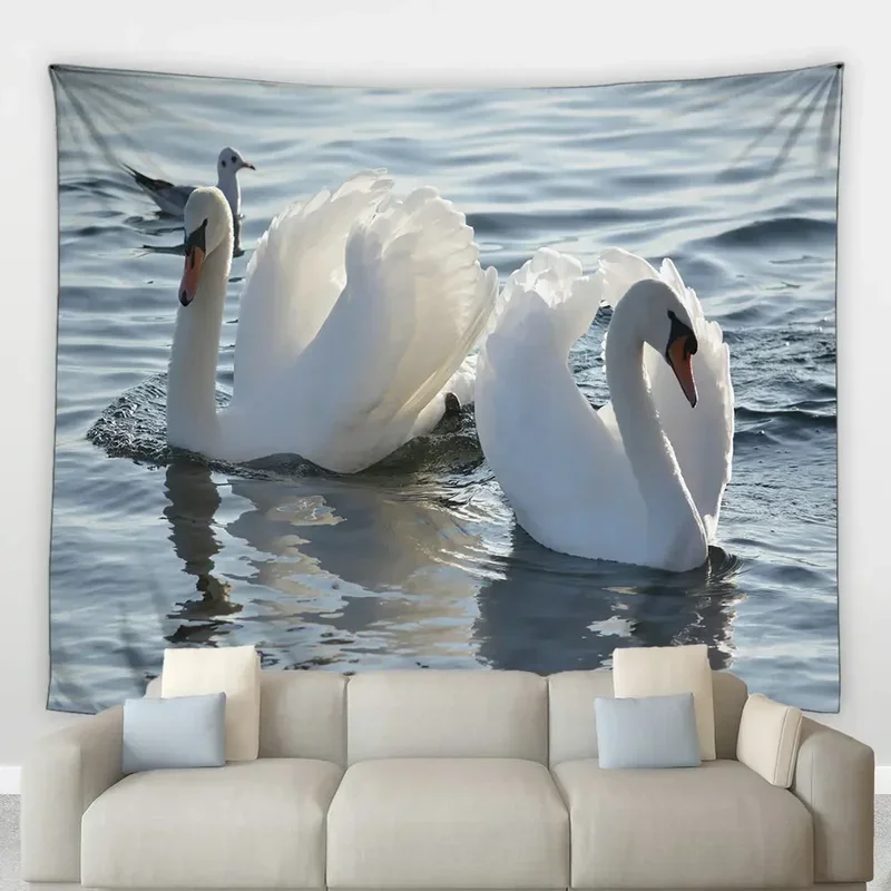 Белый Лебедь Хиппи Большой Гобелен Дикие Животные Озеро Природный Пейзаж Фон Настенная Ткань Гостиная Спальня Дом DecXT6@!