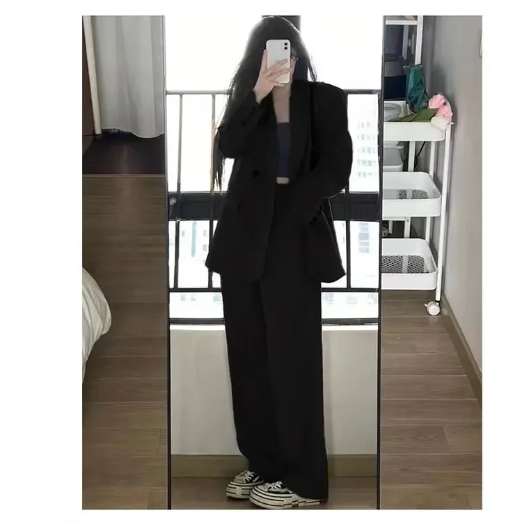 Blazer Sets Women Solid Buttons Blazer Chic Coat 2024 Summer New Streetwear High Waist Female Loose Pants Two-piece