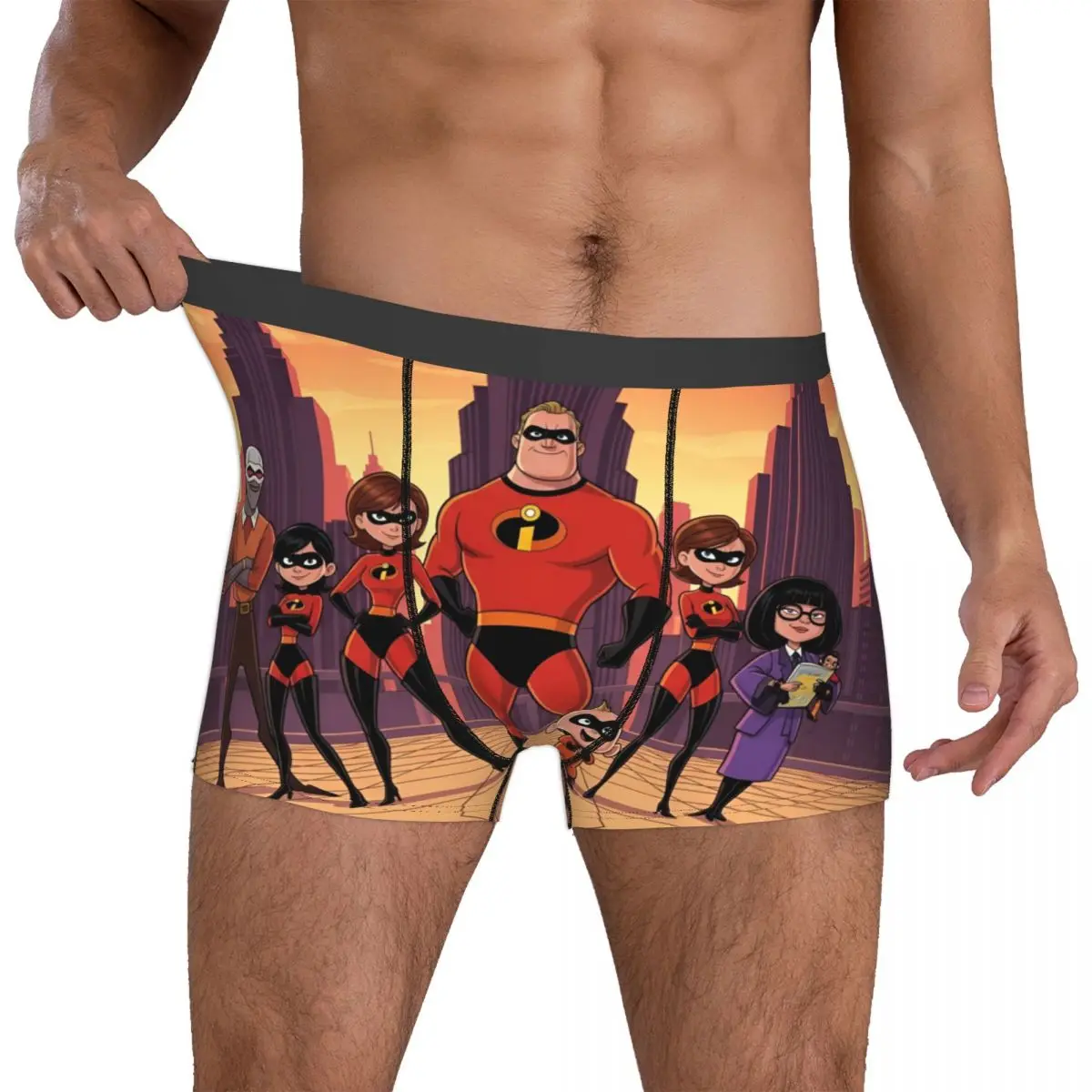 

Мужские трусы-боксеры Custom I-Incredibles: дышащие, мягкие, с принтами Эластигёрл, Вайолет, Дэш, Джек.