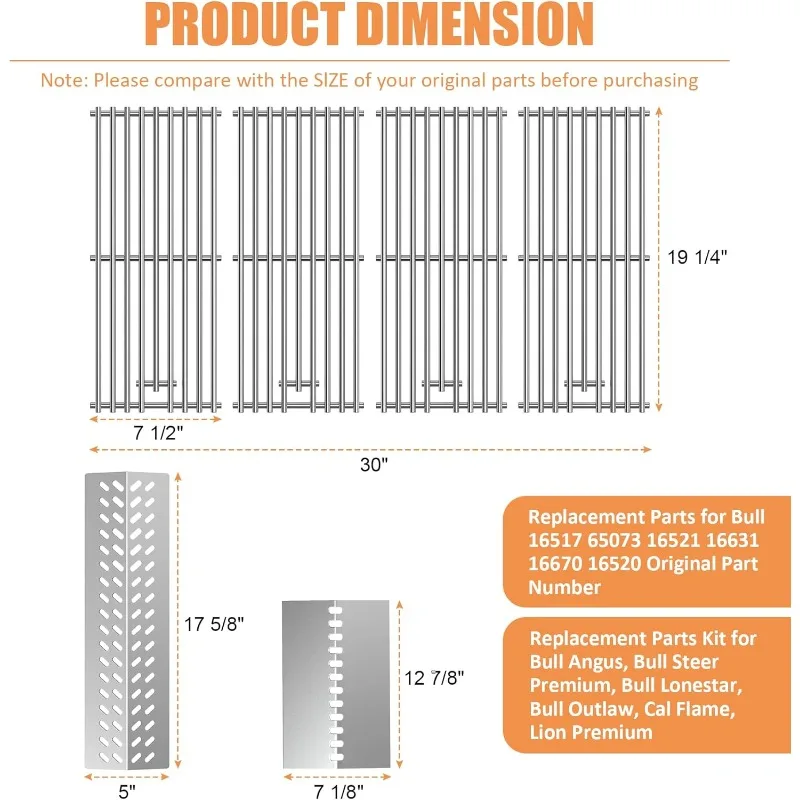 Bull Grill Replacement Parts for Bull 16517 BBQ Angus, Brahman, Lonestar Select, Grill Grate, Flame Regulator, Heat Shield