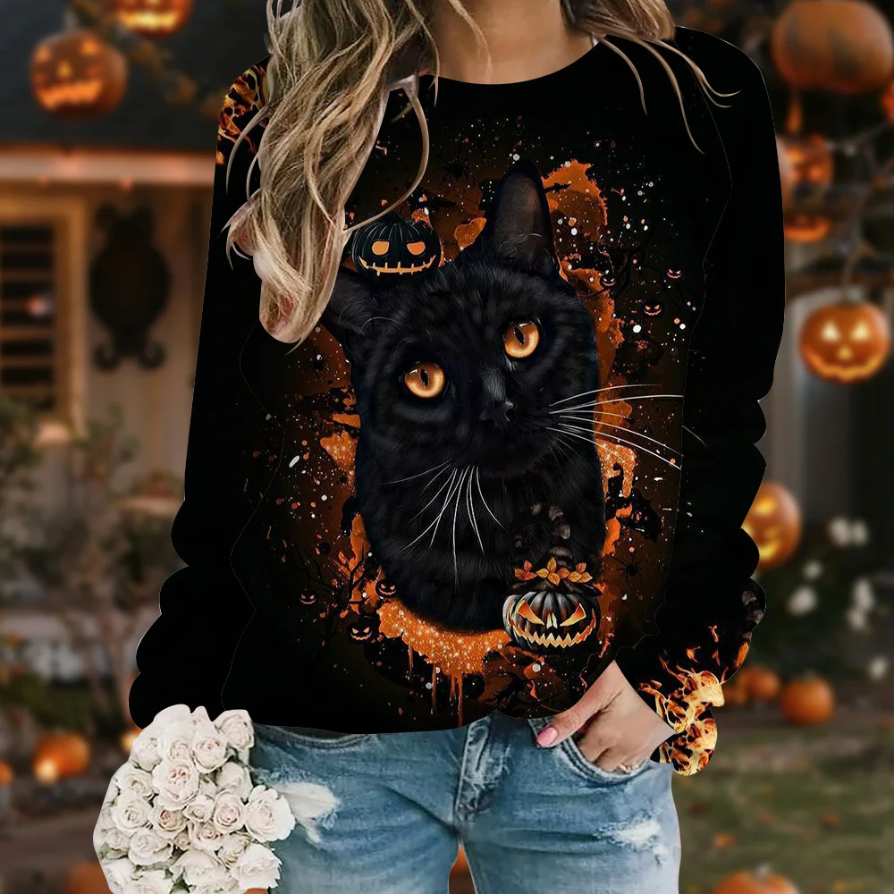 Spersonalizowany nadruk kota Halloween O-neck Top damski na jesień i zimę Casual Daily Wygodna bluza z długim rękawem