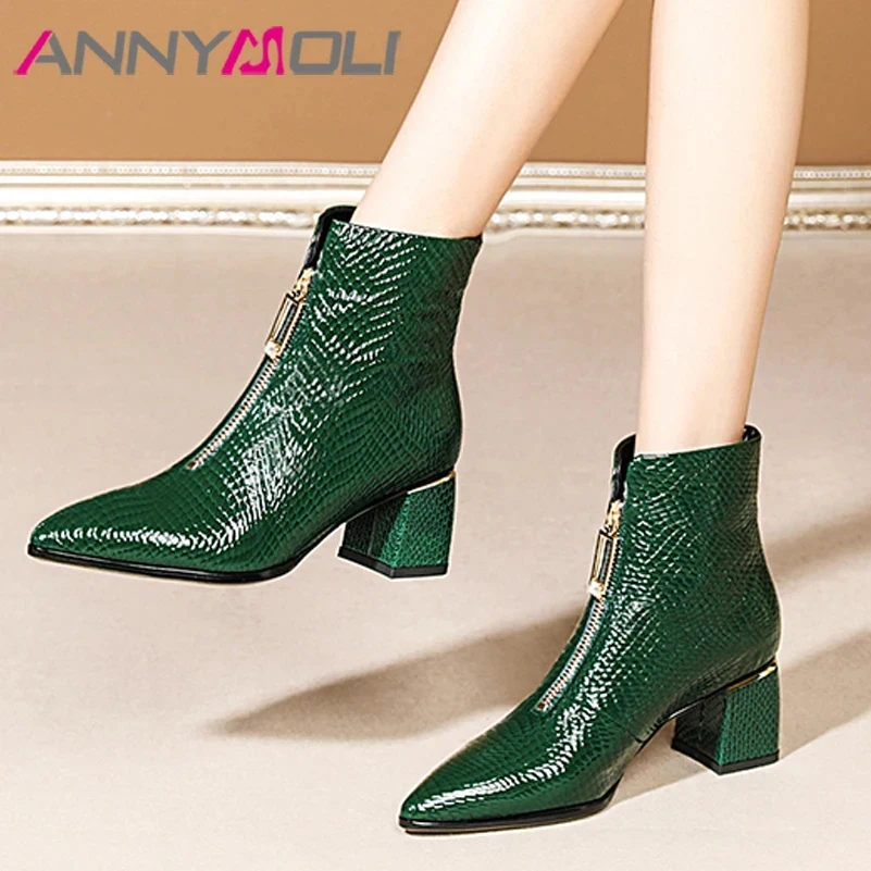 ANNYMOLI Shoes Women Real Leather Thick High Heel Ankle Boots Winter Pointed Toe Zipper Ladies Boots 2021 New Green Size 33-41