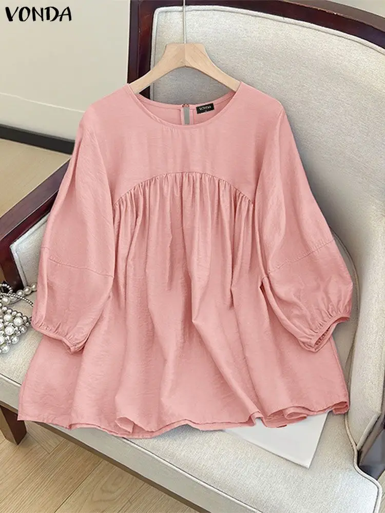 

VONDA Stylish Women Blouse 2025 Autumn 3/4 Puff Sleeve Casual Pleated Ruffled Shirts Loose Solid Tunic Tops Elegant Korean Blusa