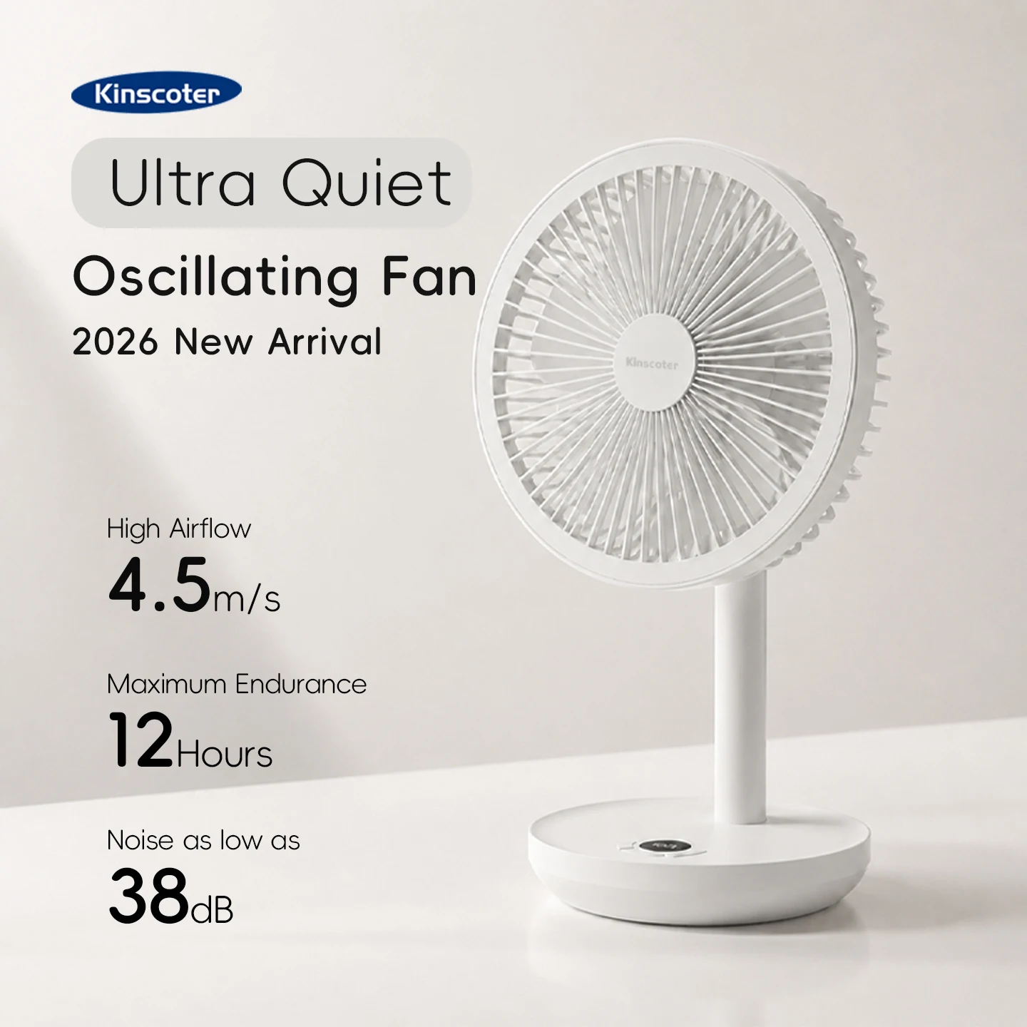 BLDC Oscillating Desktop Fan 4000mAh 5 Wind Speeds Silent Portable Rechargeable Fan with Timing Function for Home Room Gift