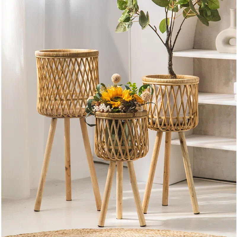 Nordic Living Room Plant Shelves Bamboo Woven Hollow Design Durable Rack for Plants Scandinavian Flower Stand Stylish Home Decor