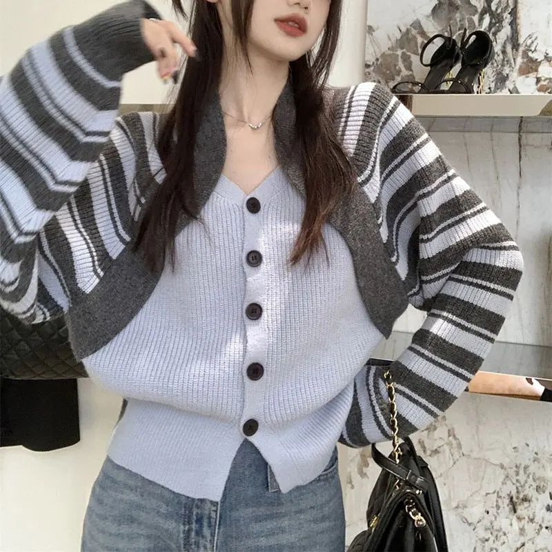 Fake Two Pieces Striped Cardigan Autumn Winter Stylish Patchwork Female Clothing Casual V-Neck Loose Korean Knitted Sweaters New