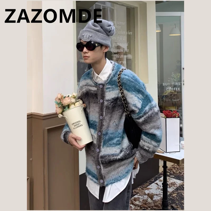 ZAZOMDE Winter Colorful Cardigan Sweater Stripe Rainbow Knitted Button Coat Fashion Contrast Color Sweater Coat Y2K Couple Tops