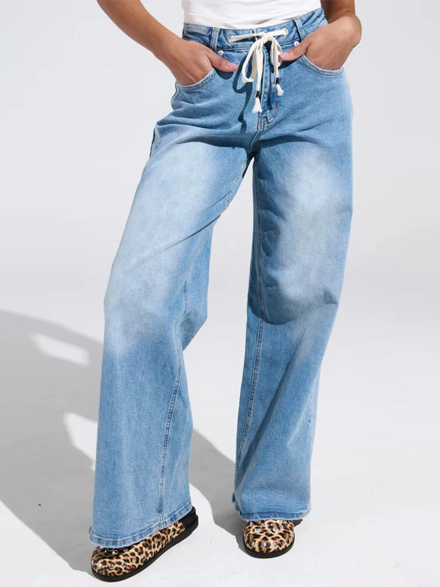 

Женские широкие джинсы; универсальные; свободные; повседневные; кулиска; без стрейч; средняя талия; лоскутное платье с боковой талией; джинсовые брюки.