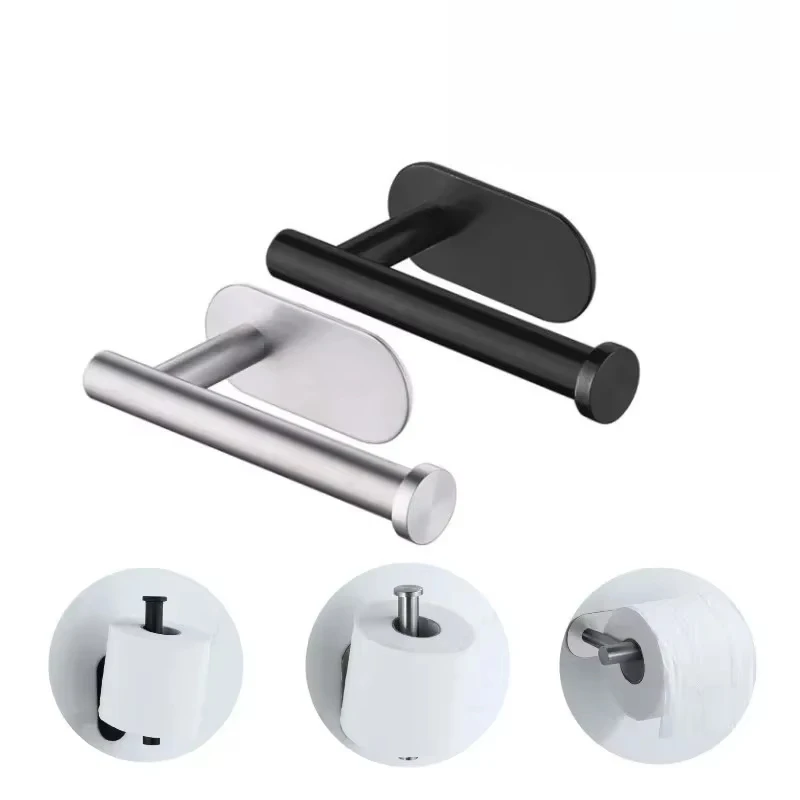2PCS No Punching Roll Paper Holder Self Adhesive Toilet Kitchen Paper Holder Bathroom Towel Rack Stainless Steel Organizer Stand